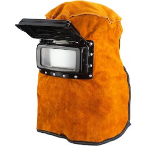 QWORK Welding Helmet Mask with Flip Open Lens, Leather Welding Hood Grinding Protective Gear Work Cap Head Face Neck Shield, Flame & Heat Resistant, Dust Resistant, Breathable