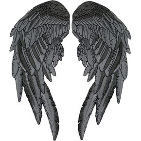 Black Gray Angel Wing Patches 14"| "Saints & Sinners Guardian Angels Realistic Wings and Feathers | Embroidered Back Patch for Men and Women Iron On Large 2pc. Set - by Nixon Thread Co.