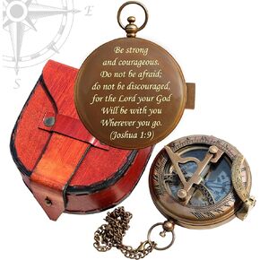 Be Strong and Courageous Engraved Sundial Compass, Confirmation Gift Ideas, Baptism Gift for Boys, Inspirational Gift for Men -Engraved 1:9 Sundial Compass Camping Compass