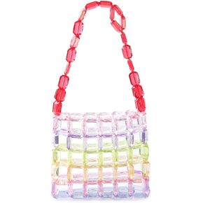 YUSHINY Women Hollow Evening Candy Rainbow Bag Handmade Acrylic Beaded Purse with DustBag
