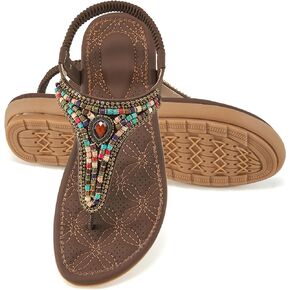 Ecetana Womens Sandals Dressy Flat Comfortable Casual Summer Thong Sandals with Ankle Elastic Beaded Bohemian Flats Slip On