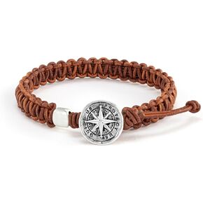 DEMDACO Protect Us Guide Us Compass, Brown/Silver Tone 8.5 Inch Leather/Metal Men's Everyday Fashion Bracelet