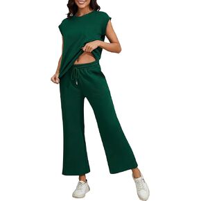 Taurus Womens 2 Piece Outfits Sleeveless Matching Lounge Sets Crew Neck Pullover Top Drawstring Wide Leg Pants Tracksuit