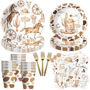 Western Cowboy Party Decorations Dinnerware - Wild West Party Supplies, Paper Plate, Cup, Napkin, Fork, Western Cowboy Rodeo Theme Birthday Baby Shower Decorations Tableware | Serve 24 Guests