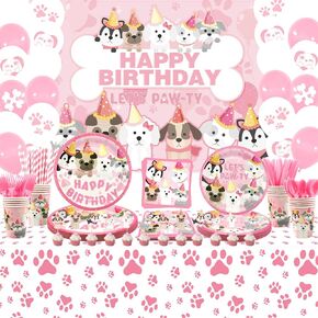 KEFAN Dog Party Supplies, Pink Dog Paw Birthday Tableware Party Decorations including Pink Dog Plates, Cups, Napkins, Tablecloth, Lets Party HAPPY BIRTHDAY Banner Backdrop, Balloons - Serves 20