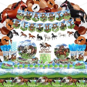 Horse Birthday Party Decoration - Horse Party Favors, Plates Cups Napkins Tablecloth Cutlery Happy Birthday Banner Balloons Arch Cake Toppers for Horse Racing Cowboy Western Birthday Party Supplies