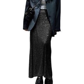 Women's Shiny Sparkly Sequin Maxi Skirt Sexy Glitter High Waist Stretchy Long Skirts Night Out Bodycon Party Clubwear