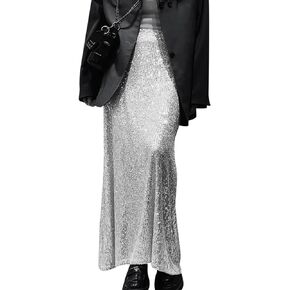 Women's Shiny Sparkly Sequin Maxi Skirt Sexy Glitter High Waist Stretchy Long Skirts Night Out Bodycon Party Clubwear