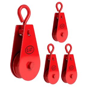 QWORK Steel Single Pulley Roller Block, 4 Pack Lifting Wheel Pulleys Each 880 lbs Load Capacity with Red Lacquer Finish