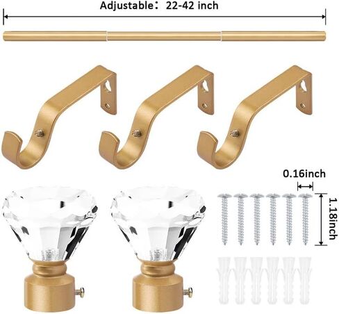 Orger 2 Pack 1 Inch Diameter Crystal Curtain Rod with Diamond Designed Finials, Decorative Single Drapery Rod Adjustabe Length From 22" Extends to 42", Satin Nickel Window Treatment Rod for Home Decor in Saudi Arabia