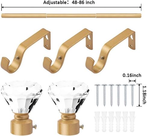 Orger 2 Pack 1 Inch Diameter Crystal Curtain Rod with Diamond Designed Finials, Decorative Single Drapery Rod Adjustabe Length From 22" Extends to 42", Satin Nickel Window Treatment Rod for Home Decor in Saudi Arabia