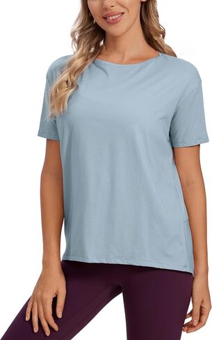 CRZ YOGA Women's Pima Cotton Short Sleeve Shirts Loose Fit Gym Workout T-Shirt Athletic Casual Tops Cambric Blue Medium in Saudi Arabia