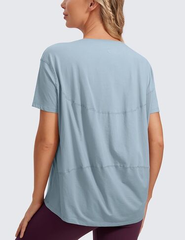 CRZ YOGA Women's Pima Cotton Short Sleeve Shirts Loose Fit Gym Workout T-Shirt Athletic Casual Tops Cambric Blue Medium in Saudi Arabia