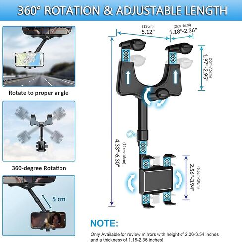 Car Rear View Mirror Phone Holder, [2024 Upgraded] 360° Retractable Universal Cell Phone Automobile Cradles Anti Shake Compatible with All 4-7.1 inch Phone in Saudi Arabia