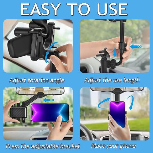 Car Rear View Mirror Phone Holder, [2024 Upgraded] 360° Retractable Universal Cell Phone Automobile Cradles Anti Shake Compatible with All 4-7.1 inch Phone in Saudi Arabia