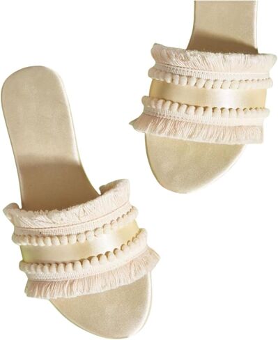 Women's Dressy Sandals Satin Fringe Trim Flats Comfortable Casual Summer Trendy Open Toe Slip on Slides in Saudi Arabia