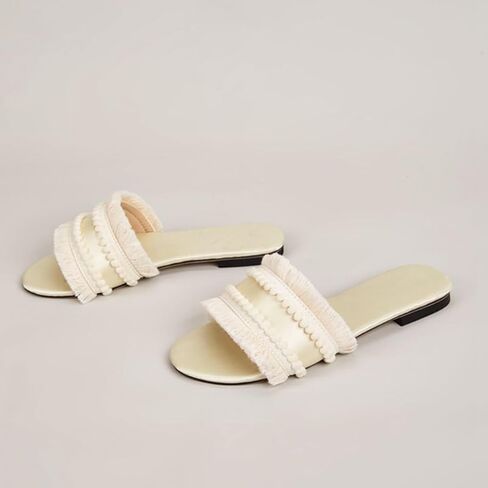 Women's Dressy Sandals Satin Fringe Trim Flats Comfortable Casual Summer Trendy Open Toe Slip on Slides in Saudi Arabia