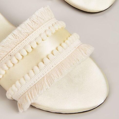 Women's Dressy Sandals Satin Fringe Trim Flats Comfortable Casual Summer Trendy Open Toe Slip on Slides in Saudi Arabia