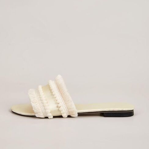 Women's Dressy Sandals Satin Fringe Trim Flats Comfortable Casual Summer Trendy Open Toe Slip on Slides in Saudi Arabia