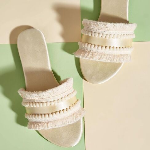 Women's Dressy Sandals Satin Fringe Trim Flats Comfortable Casual Summer Trendy Open Toe Slip on Slides in Saudi Arabia
