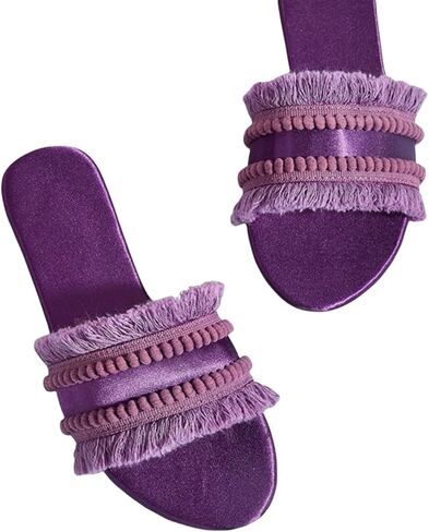 Women's Dressy Sandals Satin Fringe Trim Flats Comfortable Casual Summer Trendy Open Toe Slip on Slides in Saudi Arabia