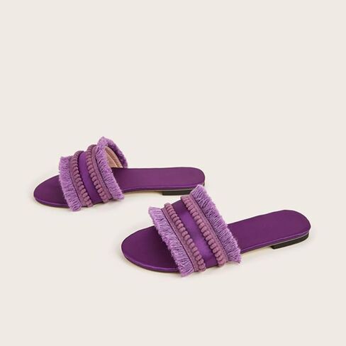 Women's Dressy Sandals Satin Fringe Trim Flats Comfortable Casual Summer Trendy Open Toe Slip on Slides in Saudi Arabia
