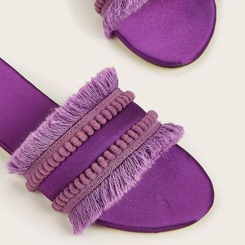 Women's Dressy Sandals Satin Fringe Trim Flats Comfortable Casual Summer Trendy Open Toe Slip on Slides in Saudi Arabia