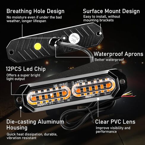 Amber Led Grille Strobe Lights,12-LED Emergency Warning Light Bar, Universal Surface Mount, 23 Flashing Mode, for Off Road Vehicle ATVs Truck,4PC Pack (PZ-CB-02-Y) in Saudi Arabia