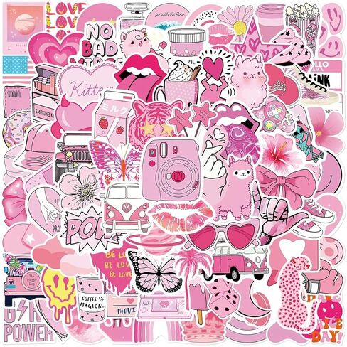 ملصقات Preppy - 100 قطعة من الملصقات الوردية الجميلة اللطيفة للكمبيوتر المحمول هدية عيد ميلاد للفتيات والأولاد والمراهقين والبالغين وديكورات لوح التزلج على الجليد وهدايا الحفلات in Kuwait