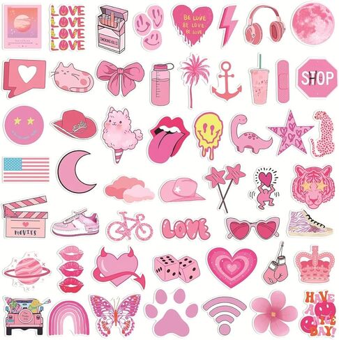 ملصقات Preppy - 100 قطعة من الملصقات الوردية الجميلة اللطيفة للكمبيوتر المحمول هدية عيد ميلاد للفتيات والأولاد والمراهقين والبالغين وديكورات لوح التزلج على الجليد وهدايا الحفلات in Kuwait