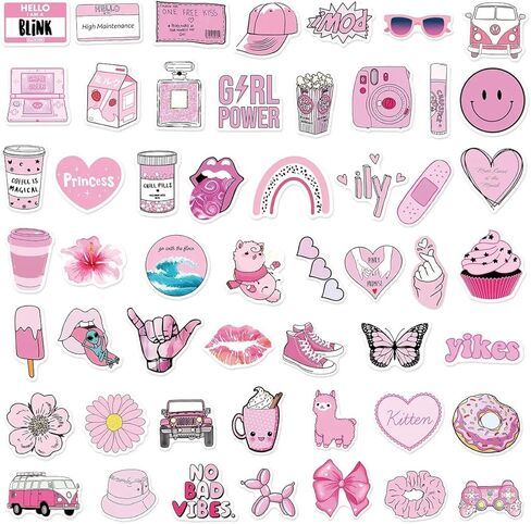 ملصقات Preppy - 100 قطعة من الملصقات الوردية الجميلة اللطيفة للكمبيوتر المحمول هدية عيد ميلاد للفتيات والأولاد والمراهقين والبالغين وديكورات لوح التزلج على الجليد وهدايا الحفلات in Kuwait