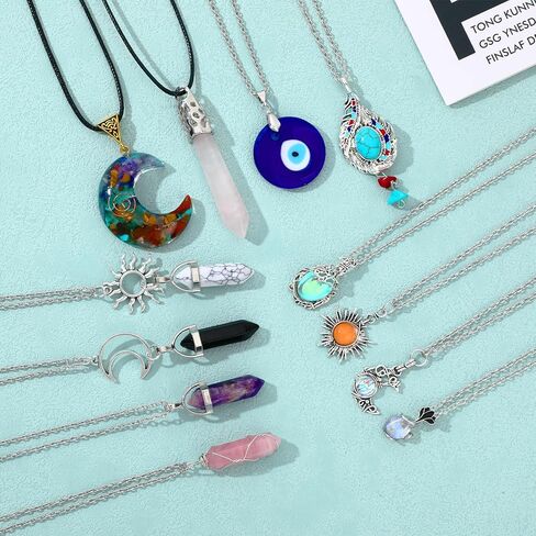 jumelon 12 جهاز كمبيوتر شخصى الكريستال قلادة القلائد، شفاء الطاقة سداسية الأحجار الكريمة القلائد، جمشت روز كوارتز القمر الشمس شقرا القلائد، البوهيمي الرجعية قلادة المجوهرات للنساء الفتيات الهدايا in Kuwait