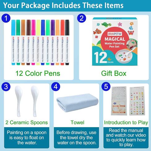Magic Drawing Pen Bundle, 12 Colors Magical Water Painting Pens for Kids, Kiddies Create Magic Pen Floating Ink Drawings Set with Spoons and Towel, Tattoo Water Marker Gifts for Boys and Girls in Saudi Arabia