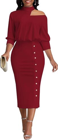 فساتين كوكتيل للنساء مثير برقبة رسن بدون أكتاف 3/4 كم فستان متوسط ​​الطول Bodycon Church Business قلم رصاص (811 عنابي، كبير) in Kuwait