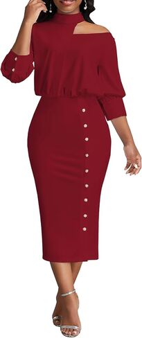 فساتين كوكتيل للنساء مثير برقبة رسن بدون أكتاف 3/4 كم فستان متوسط ​​الطول Bodycon Church Business قلم رصاص (811 عنابي، كبير) in Kuwait