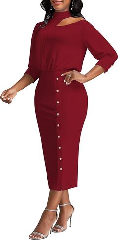 فساتين كوكتيل للنساء مثير برقبة رسن بدون أكتاف 3/4 كم فستان متوسط ​​الطول Bodycon Church Business قلم رصاص (811 عنابي، كبير) in Kuwait