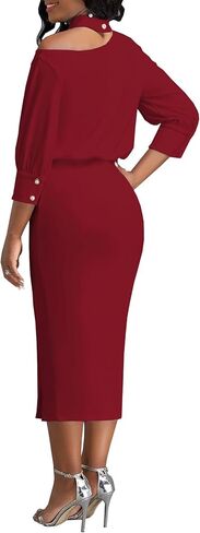 فساتين كوكتيل للنساء مثير برقبة رسن بدون أكتاف 3/4 كم فستان متوسط ​​الطول Bodycon Church Business قلم رصاص (811 عنابي، كبير) in Kuwait