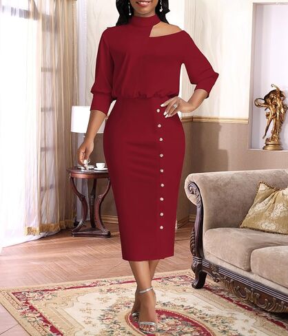 فساتين كوكتيل للنساء مثير برقبة رسن بدون أكتاف 3/4 كم فستان متوسط ​​الطول Bodycon Church Business قلم رصاص (811 عنابي، كبير) in Kuwait