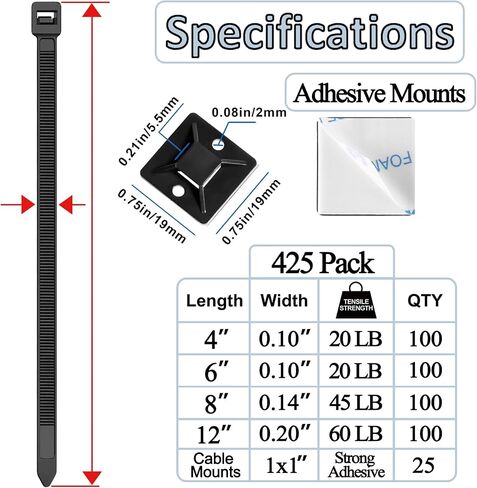 Zip Wire Ties 2100 Pack Small Cable Zip Ties with Cable Mounts Nylon Zip Cable Ties Assorted Sizes 4+6+8+12 Inch, Self-Locking Tie Wraps, UV Resistant Nylon Cable Ties for Indoor and Outdoor in Saudi Arabia