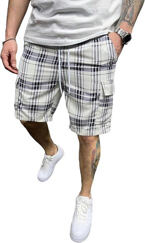OYOANGLE Men's Plaid Print Drawstring Waisted Flap Pocket Shorts Straight Leg Casual Track Shorts in Saudi Arabia
