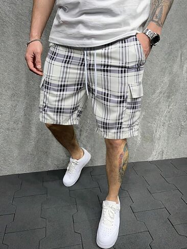 OYOANGLE Men's Plaid Print Drawstring Waisted Flap Pocket Shorts Straight Leg Casual Track Shorts in Saudi Arabia