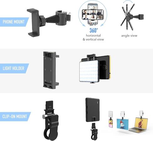 DigiPower - The Acheiver - 60 LED Video Call Pro Kit | سطوع 10 مستويات، 3 أوضاع لدرجة حرارة اللون (3100-5500 كلفن) | يشتمل على حامل للهاتف والكاميرا، وحامل بمشبك، وكابل USB، وقاعدة حامل وعمود in Kuwait