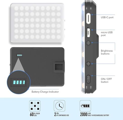 DigiPower - The Acheiver - 60 LED Video Call Pro Kit | سطوع 10 مستويات، 3 أوضاع لدرجة حرارة اللون (3100-5500 كلفن) | يشتمل على حامل للهاتف والكاميرا، وحامل بمشبك، وكابل USB، وقاعدة حامل وعمود in Kuwait
