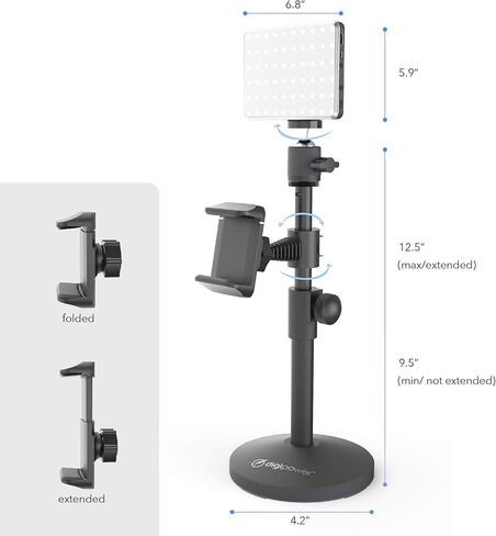 DigiPower - The Acheiver - 60 LED Video Call Pro Kit | سطوع 10 مستويات، 3 أوضاع لدرجة حرارة اللون (3100-5500 كلفن) | يشتمل على حامل للهاتف والكاميرا، وحامل بمشبك، وكابل USB، وقاعدة حامل وعمود in Kuwait