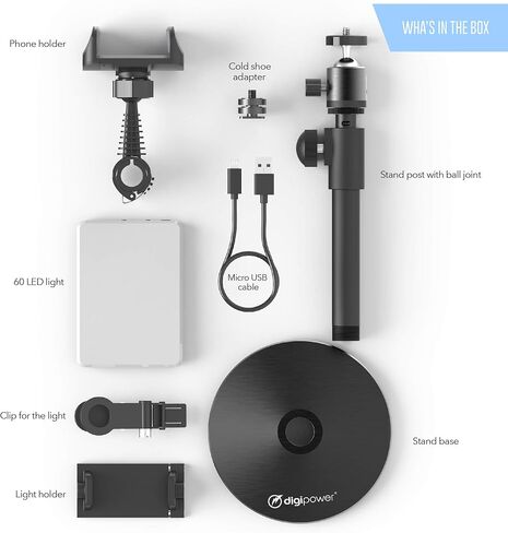 DigiPower - The Acheiver - 60 LED Video Call Pro Kit | سطوع 10 مستويات، 3 أوضاع لدرجة حرارة اللون (3100-5500 كلفن) | يشتمل على حامل للهاتف والكاميرا، وحامل بمشبك، وكابل USB، وقاعدة حامل وعمود in Kuwait