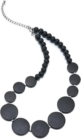 COOLSTEELANDBEYOND Wood Circle Disc Beads Chain Choker Collar Statement Necklace, Dress Party Event, Unique in Saudi Arabia