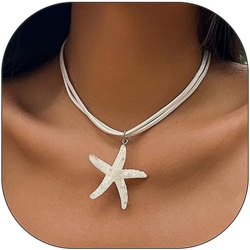 Starfish Necklace for Women Starfish Pendant Necklace White Blue Silver Starfish Necklace Boho Layered Starfish Pendant Choker Summer Beach Necklaces Jewelry for Women Girls in Saudi Arabia