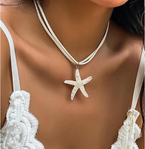 Starfish Necklace for Women Starfish Pendant Necklace White Blue Silver Starfish Necklace Boho Layered Starfish Pendant Choker Summer Beach Necklaces Jewelry for Women Girls in Saudi Arabia