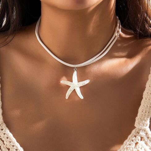Starfish Necklace for Women Starfish Pendant Necklace White Blue Silver Starfish Necklace Boho Layered Starfish Pendant Choker Summer Beach Necklaces Jewelry for Women Girls in Saudi Arabia