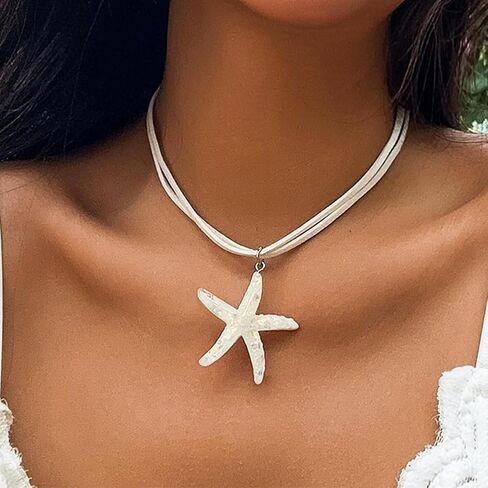 Starfish Necklace for Women Starfish Pendant Necklace White Blue Silver Starfish Necklace Boho Layered Starfish Pendant Choker Summer Beach Necklaces Jewelry for Women Girls in Saudi Arabia